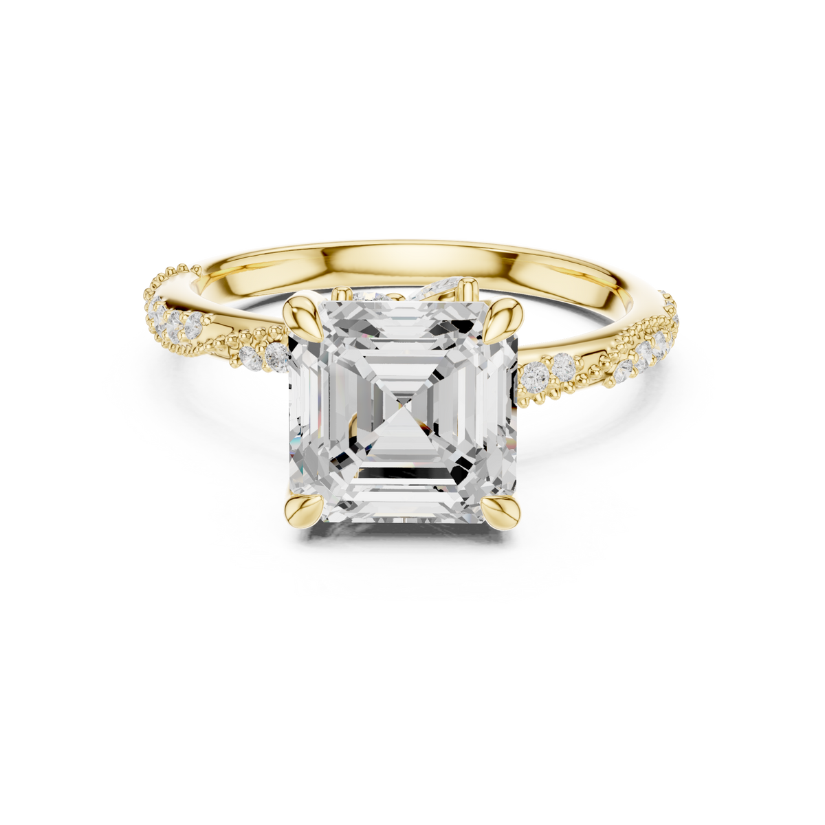 Asscher twist pave engagement ring yellow gold detail view