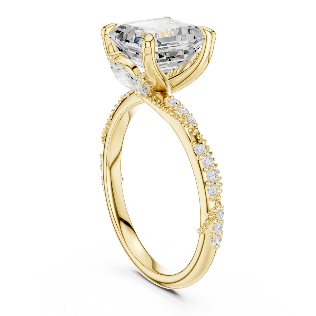 Asscher twist pave engagement ring yellow gold front view