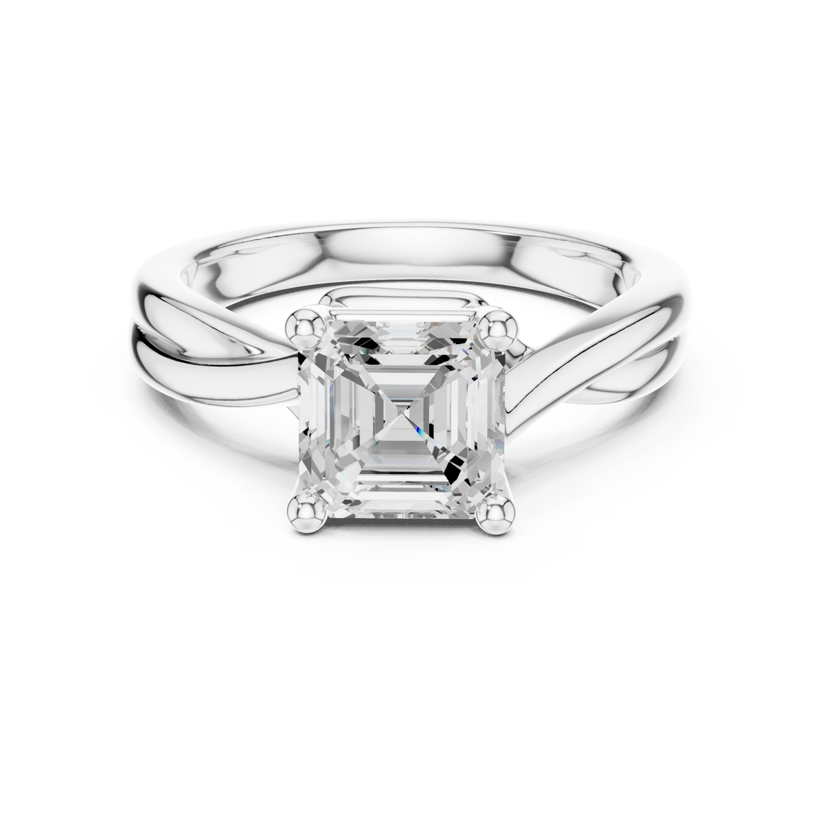 Asscher twist solitaire engagement ring white gold detail view