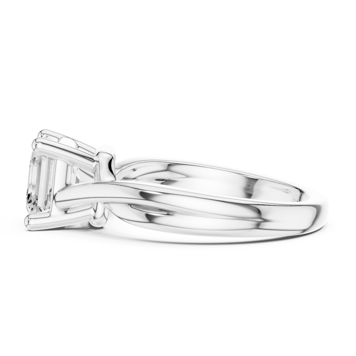 Asscher twist solitaire engagement ring white gold side view