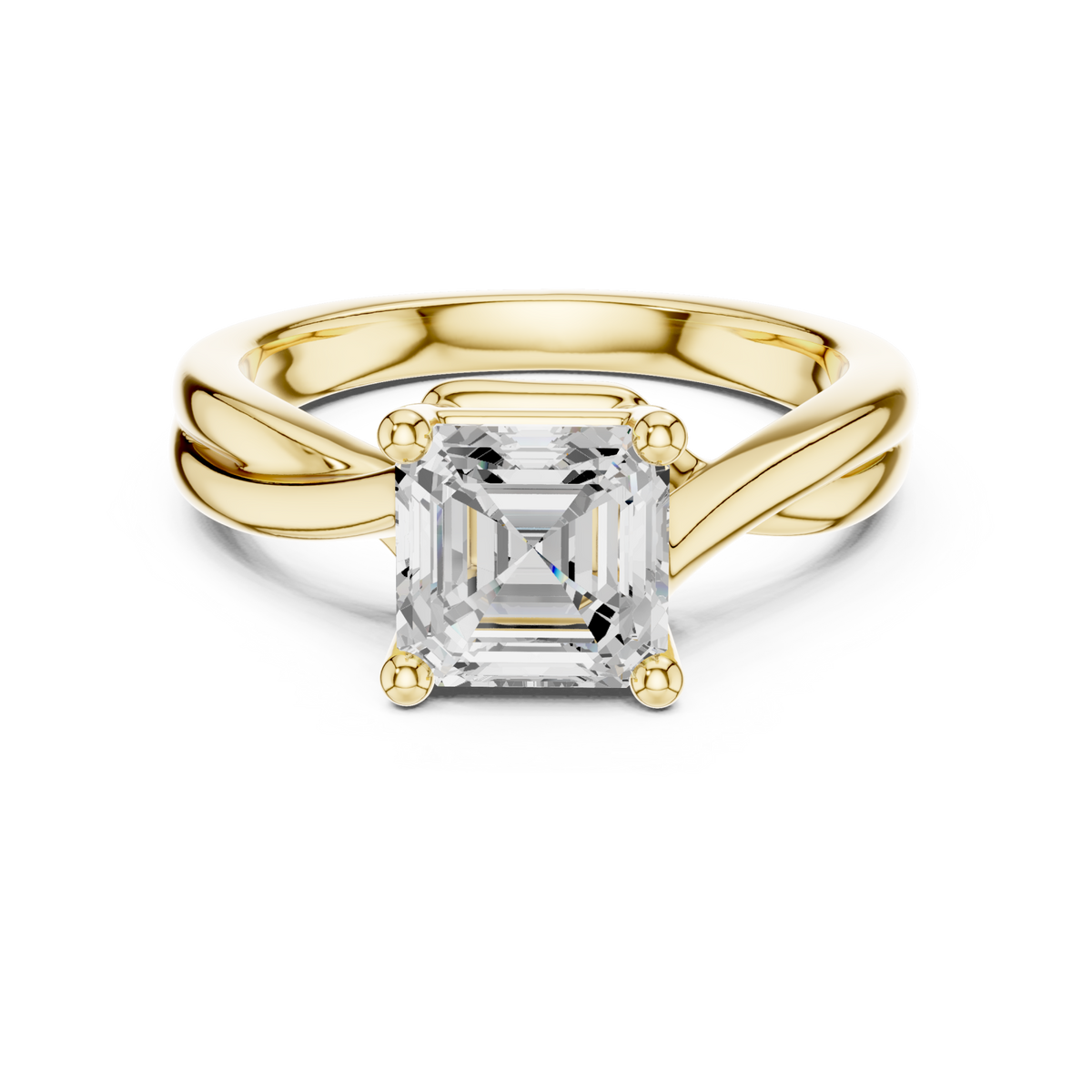Asscher twist solitaire engagement ring yellow gold detail view