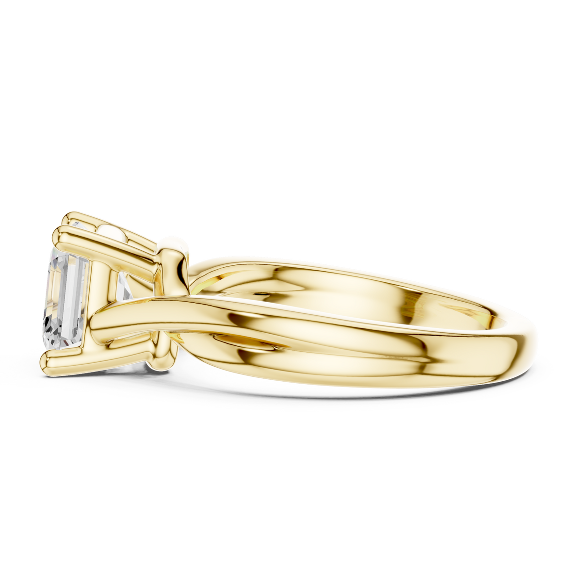 Asscher twist solitaire engagement ring yellow gold side view