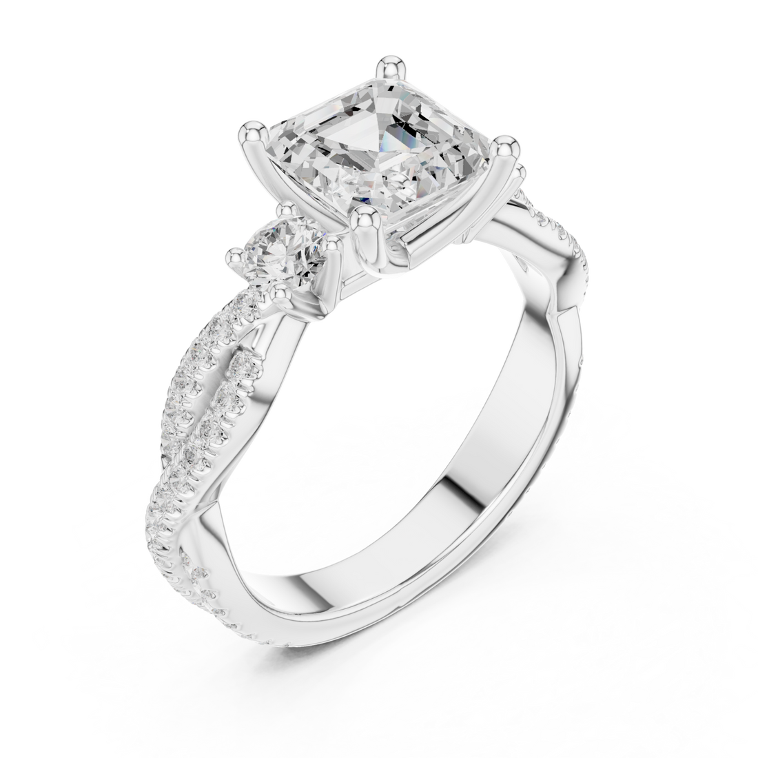 Asscher twist three stone engagement ring white gold front view
