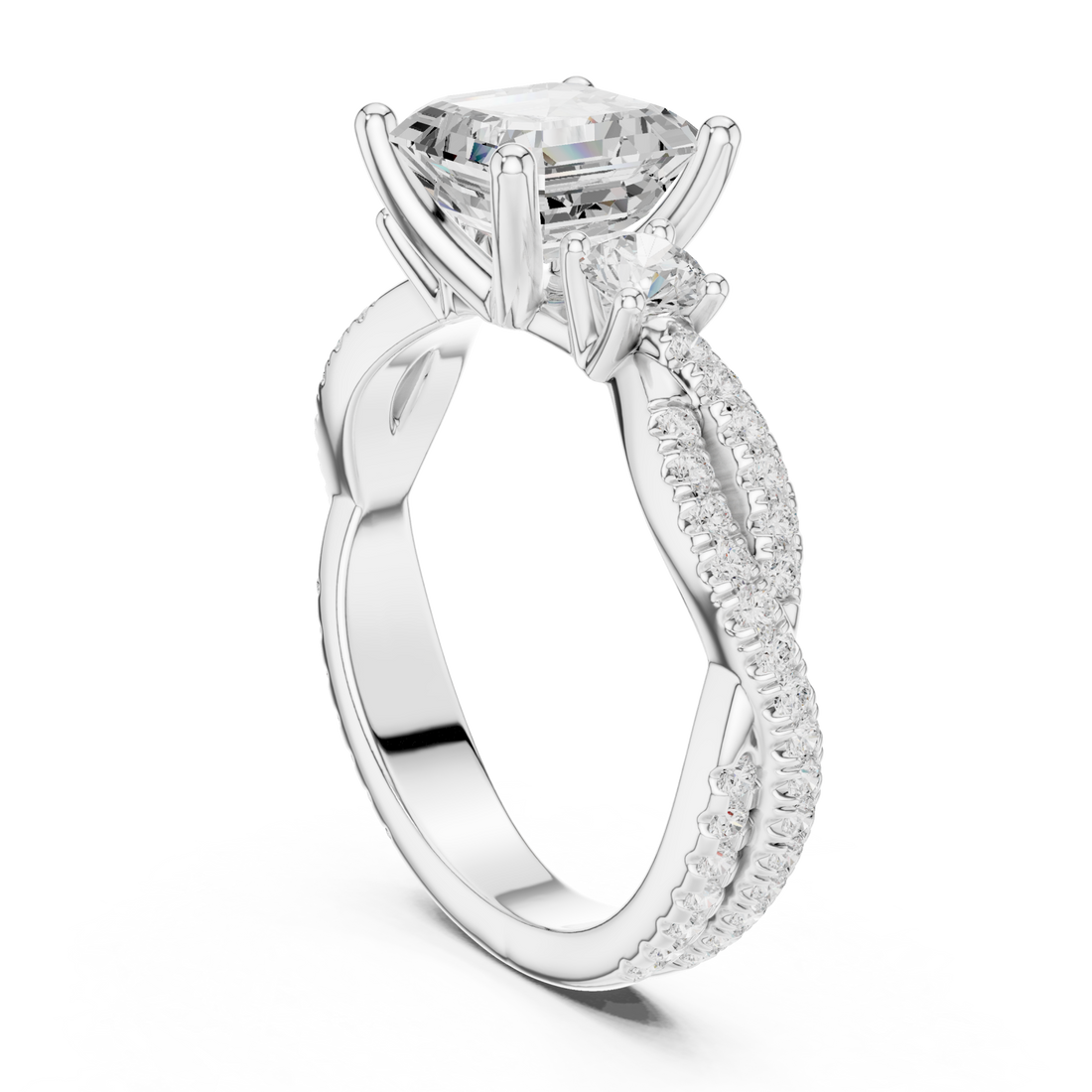 Asscher twist three stone engagement ring white gold front view