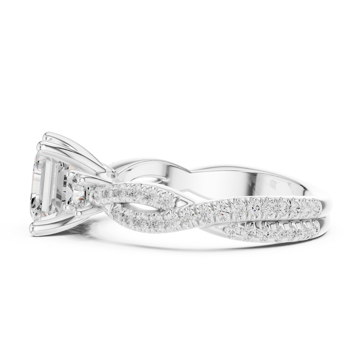 Asscher twist three stone engagement ring white gold side view
