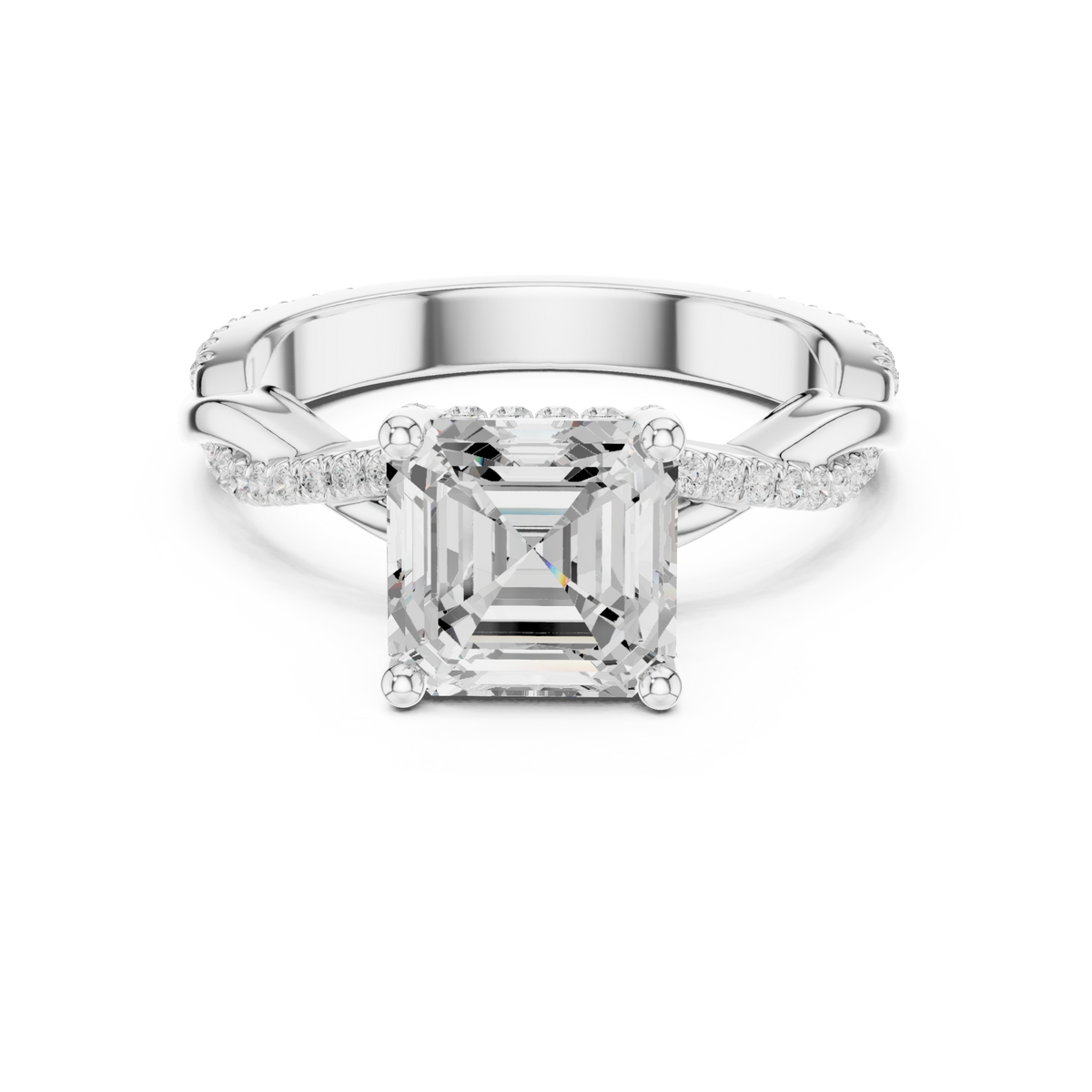 Asscher twisted vine pave engagement ring white gold detail view