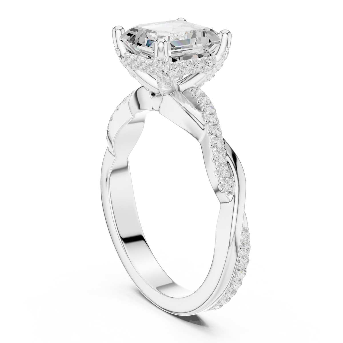 Asscher twisted vine pave engagement ring white gold front view
