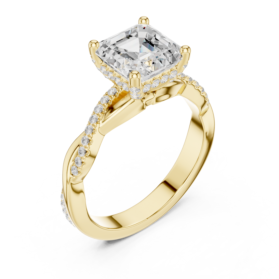 Asscher twisted vine pave engagement ring yellow gold front view