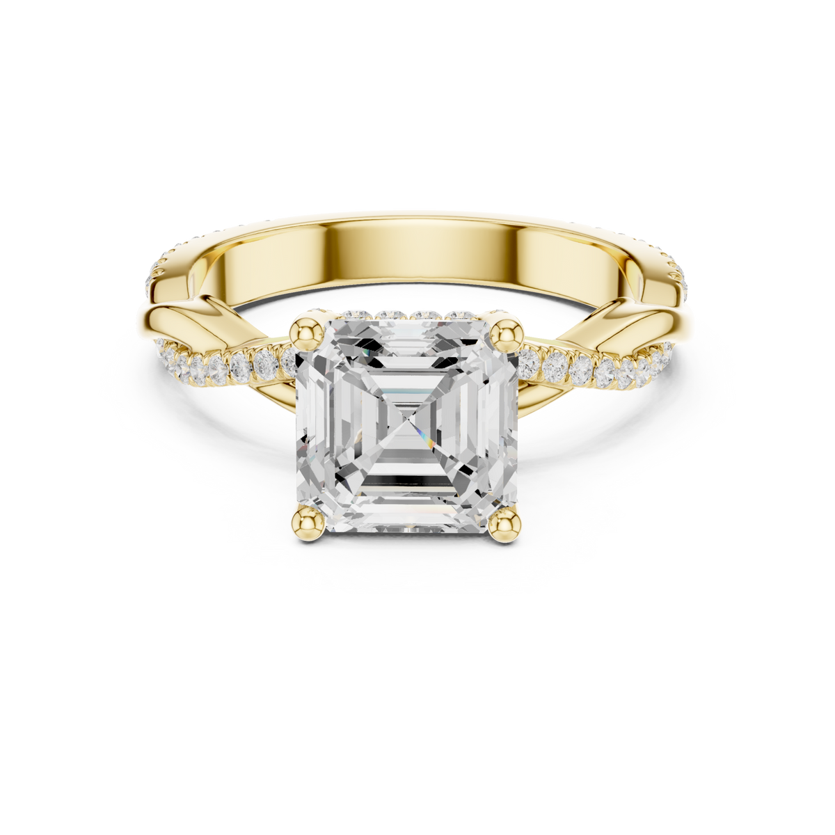Asscher twisted vine pave engagement ring yellow gold detail view