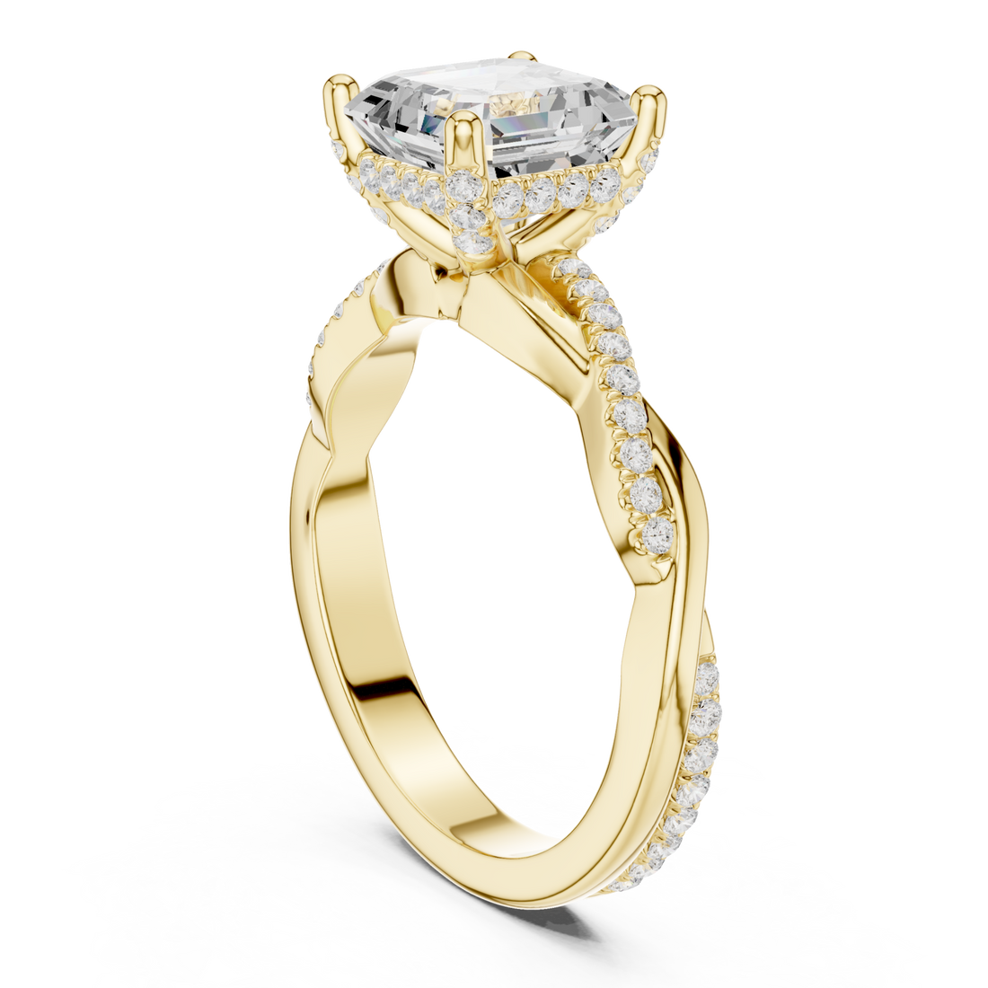 Asscher twisted vine pave engagement ring yellow gold front view