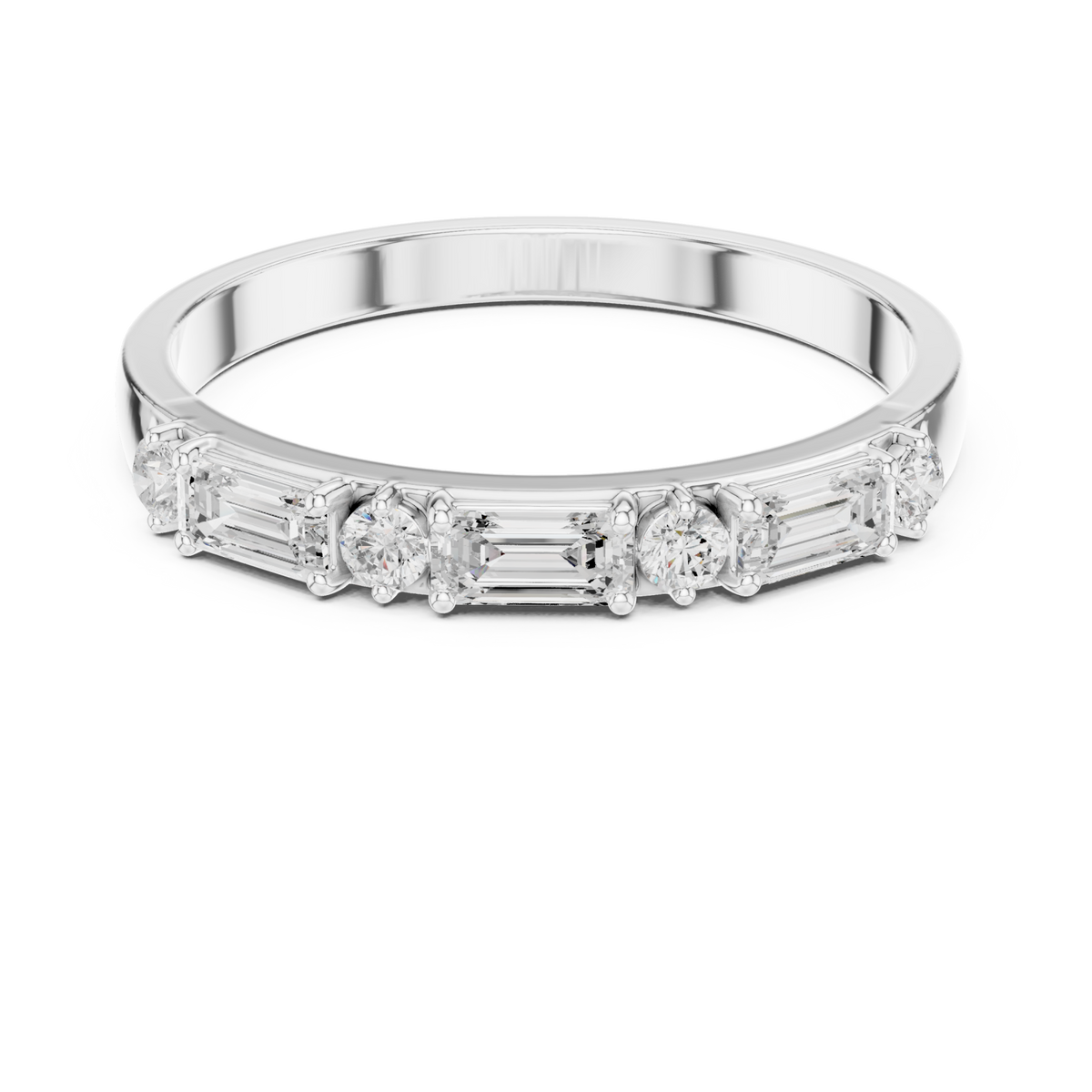 Baguette and round station half band white gold detail view