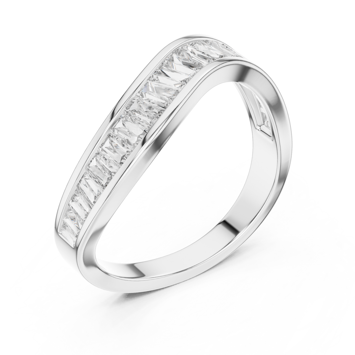 Baguette channel contour band white gold front view