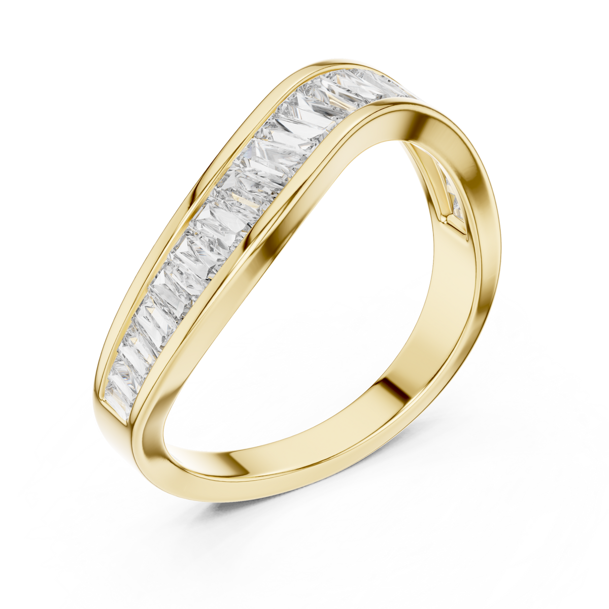 Baguette channel contour band yellow gold front view