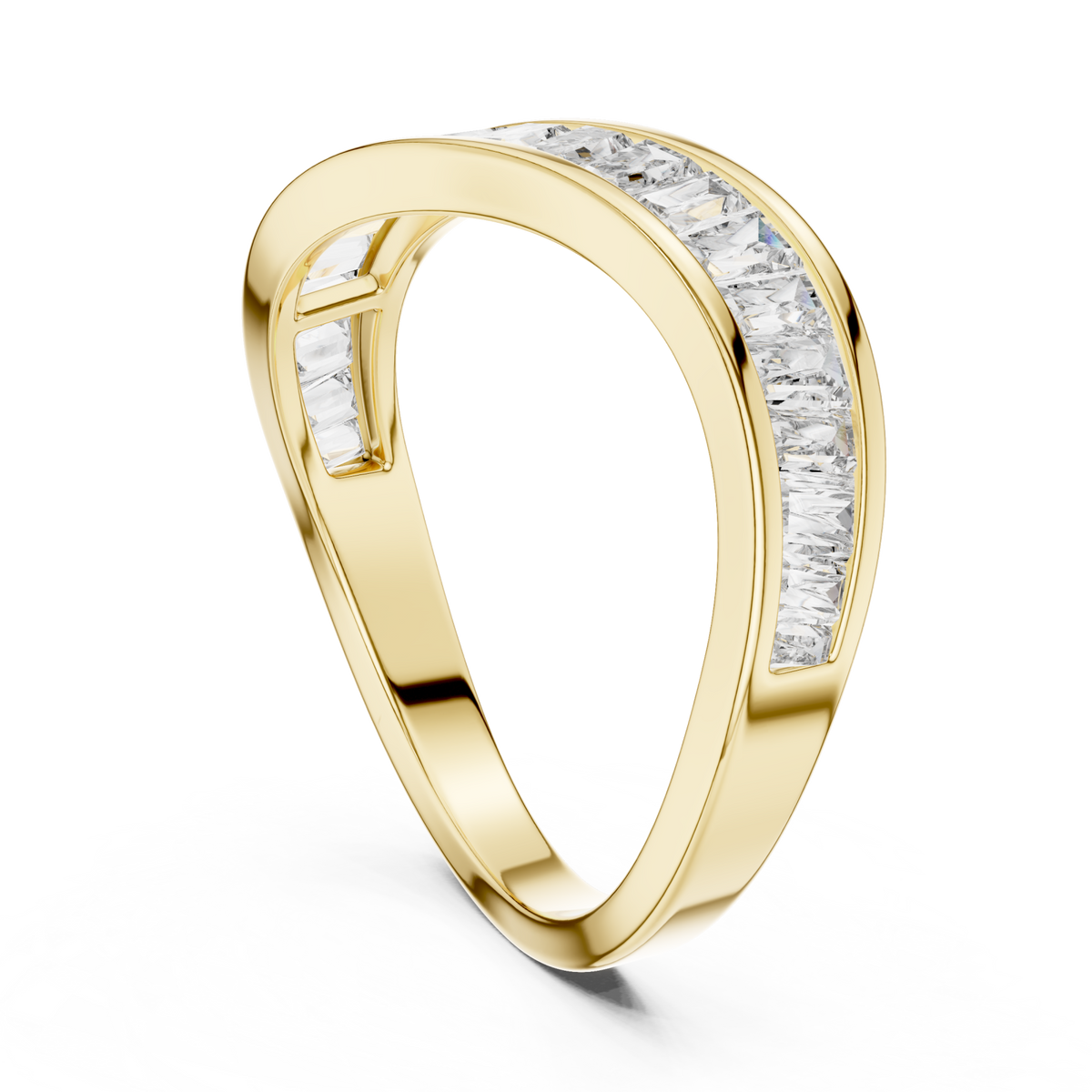 Baguette channel contour band yellow gold side view