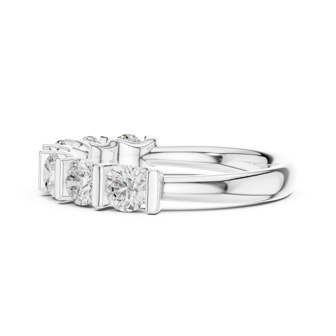 Bar-set round seven-stone anniversary band white gold front view