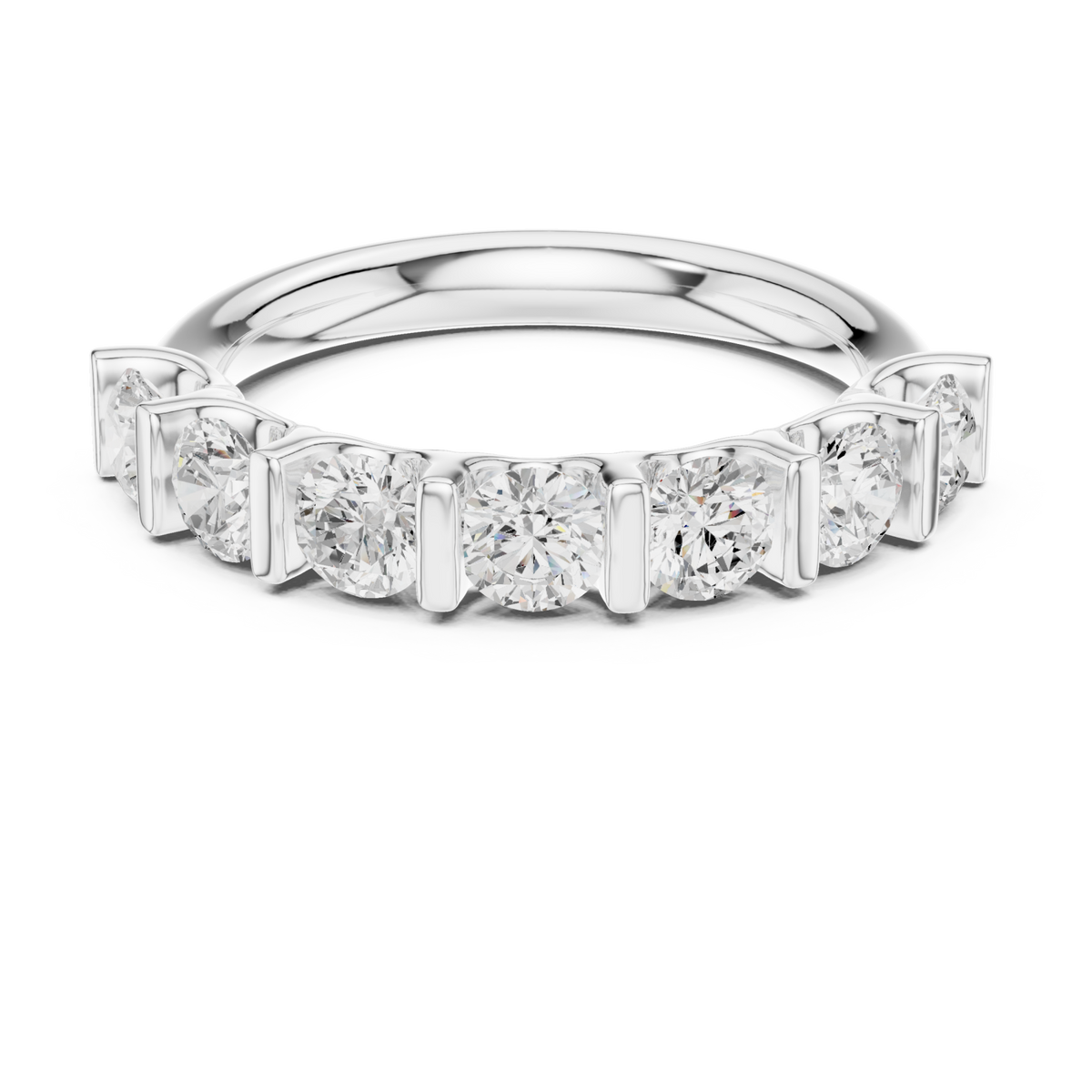 Bar-set round seven-stone anniversary band white gold detail view
