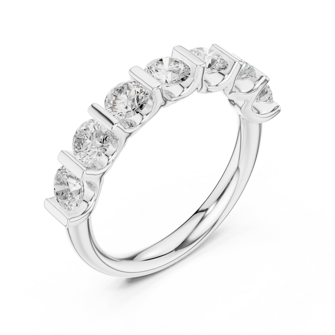 Bar-set round seven-stone anniversary band white gold front view