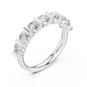 Bar-set round seven-stone anniversary band white gold front view