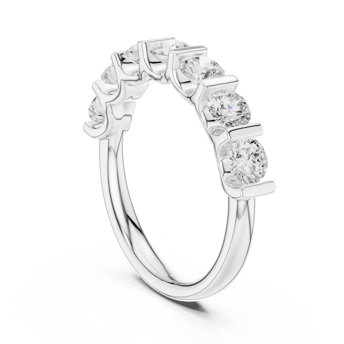 Bar-set round seven-stone anniversary band white gold side view