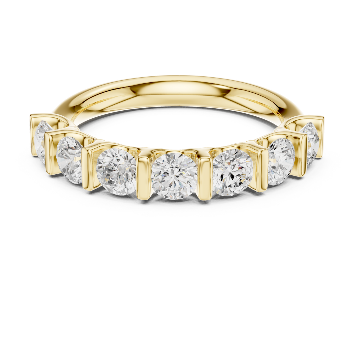 Bar-set round seven-stone anniversary band yellow gold detail view