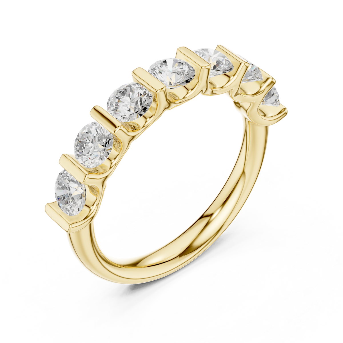 Bar-set round seven-stone anniversary band yellow gold front view