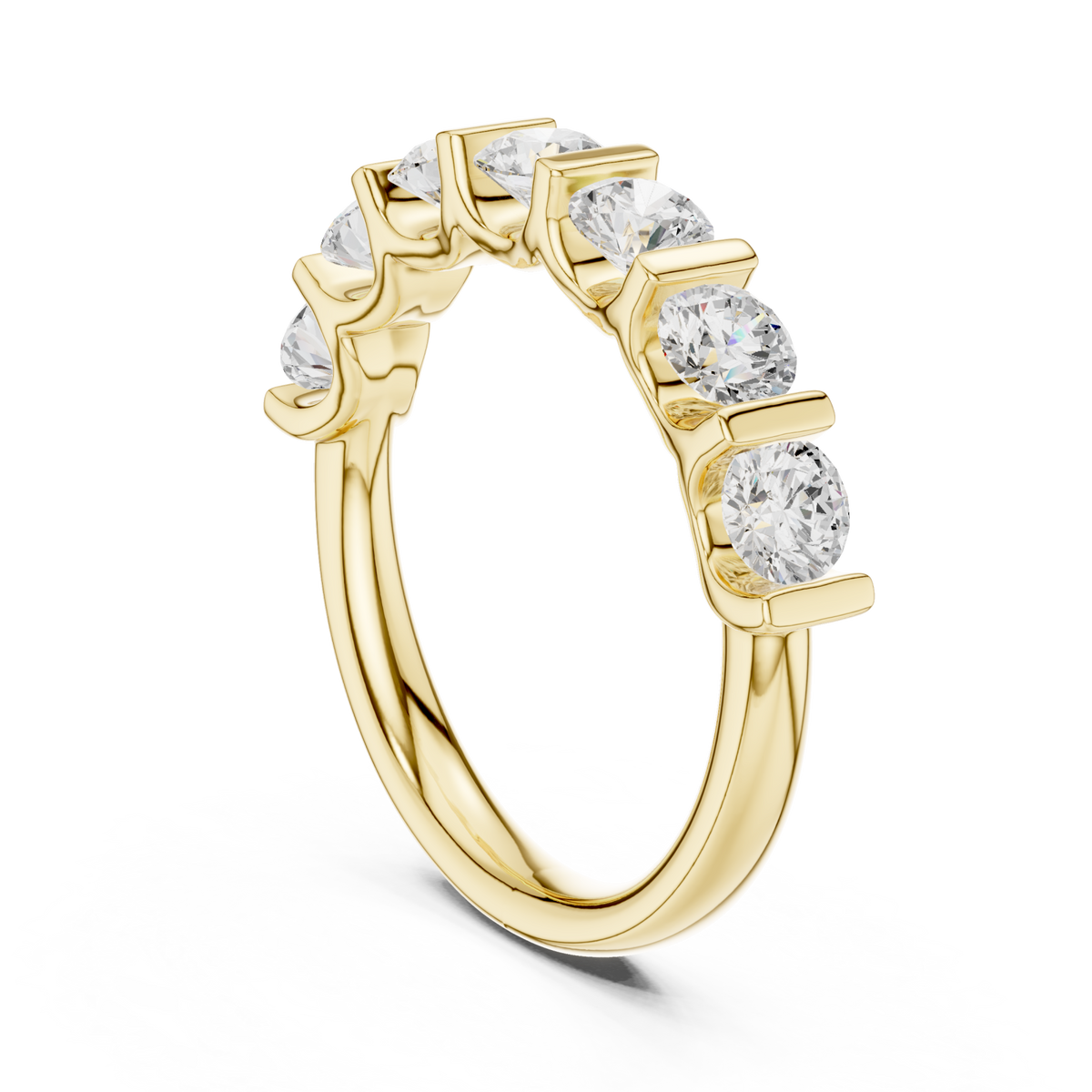 Bar-set round seven-stone anniversary band yellow gold side view