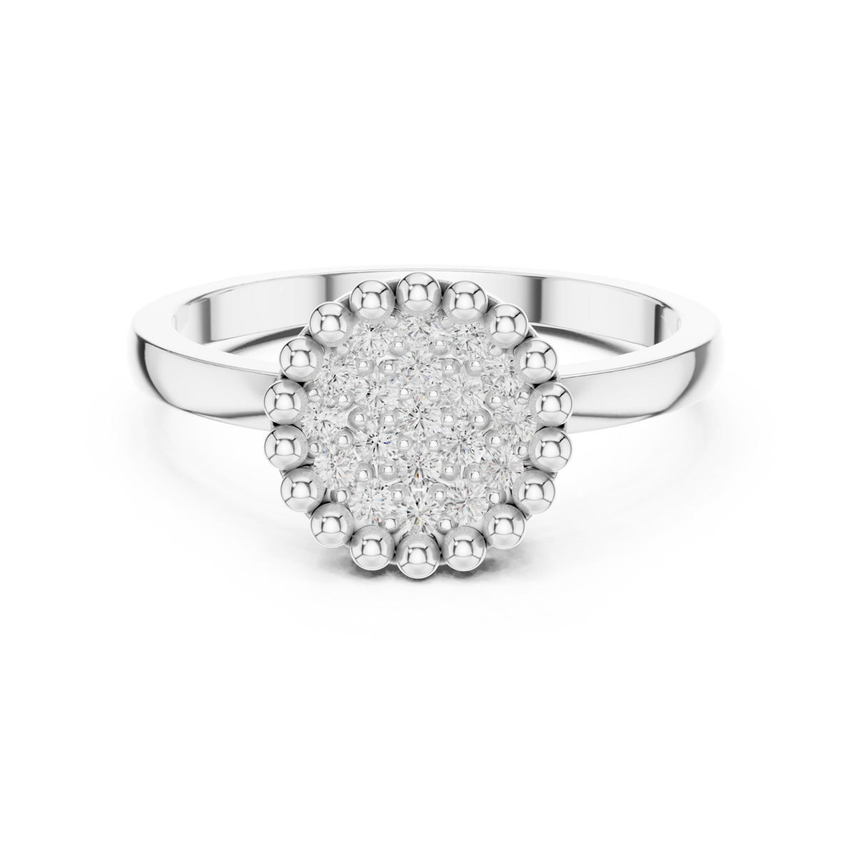 Beaded frame cluster button ring white gold detail view