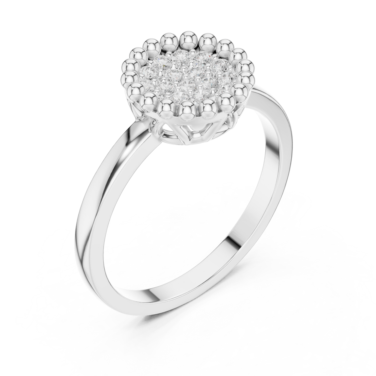 Beaded frame cluster button ring white gold front view