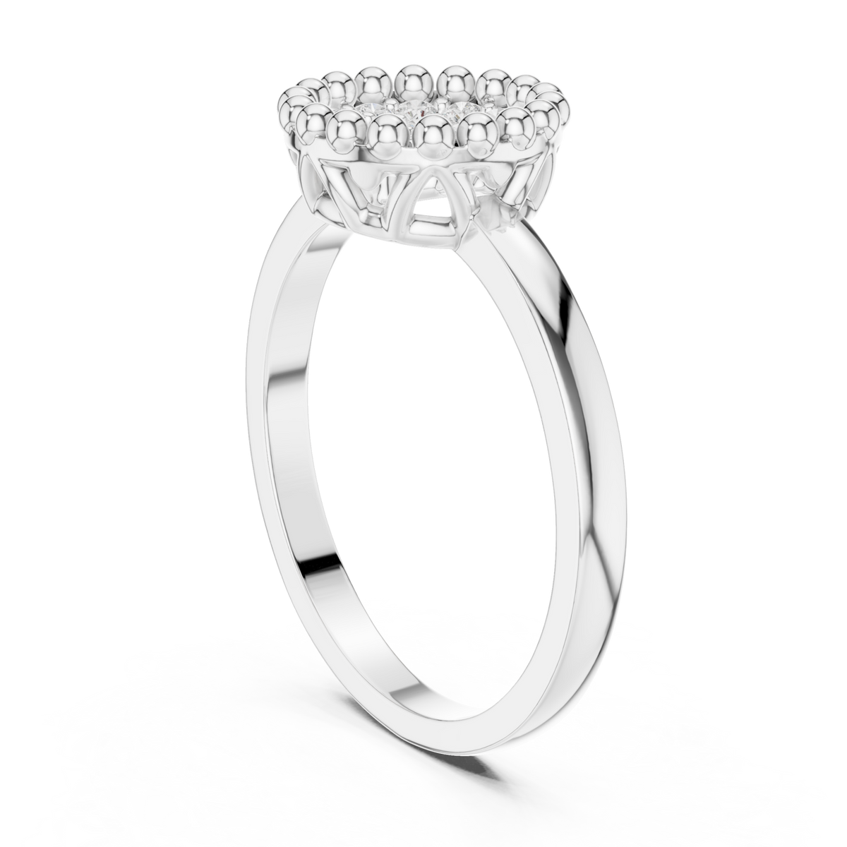 Beaded frame cluster button ring white gold side view