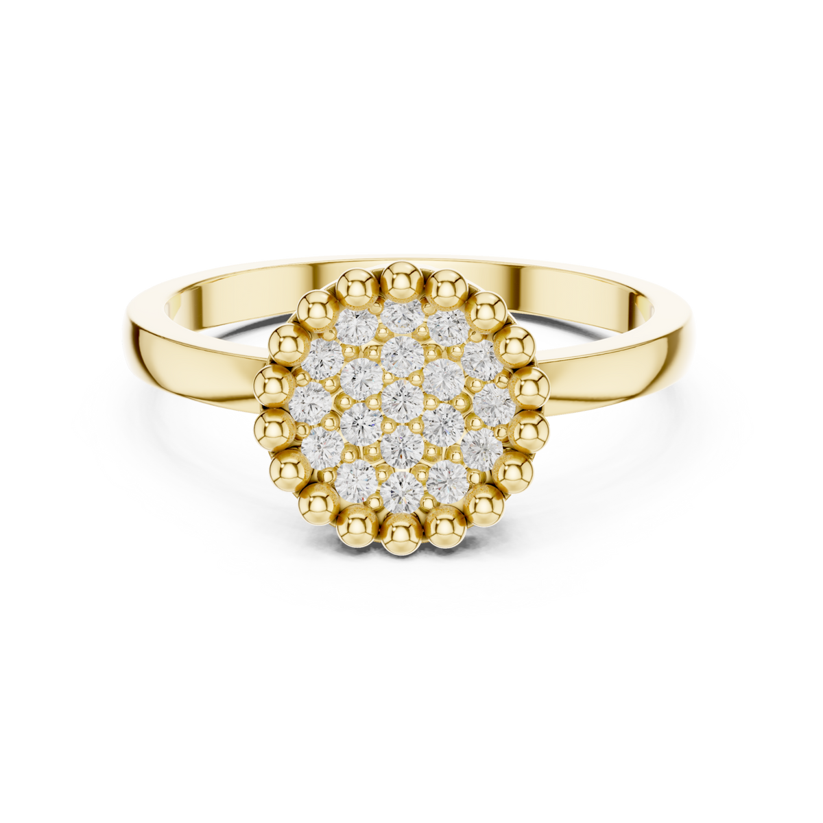 Beaded frame cluster button ring yellow gold detail view