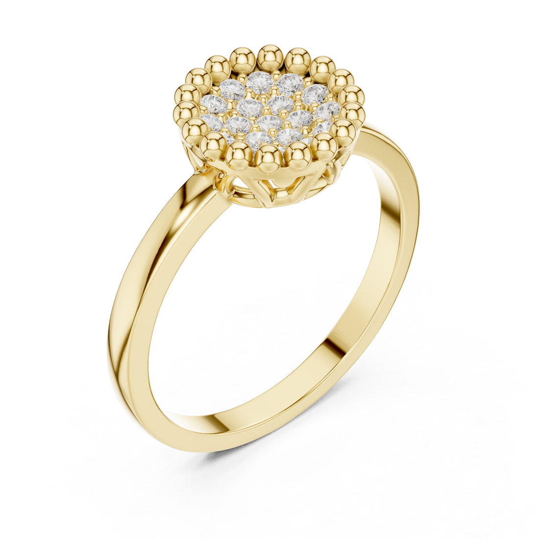 Beaded frame cluster button ring yellow gold front view