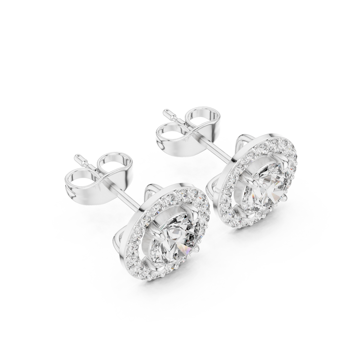  White Gold Beaded Round Halo Studs Angle View