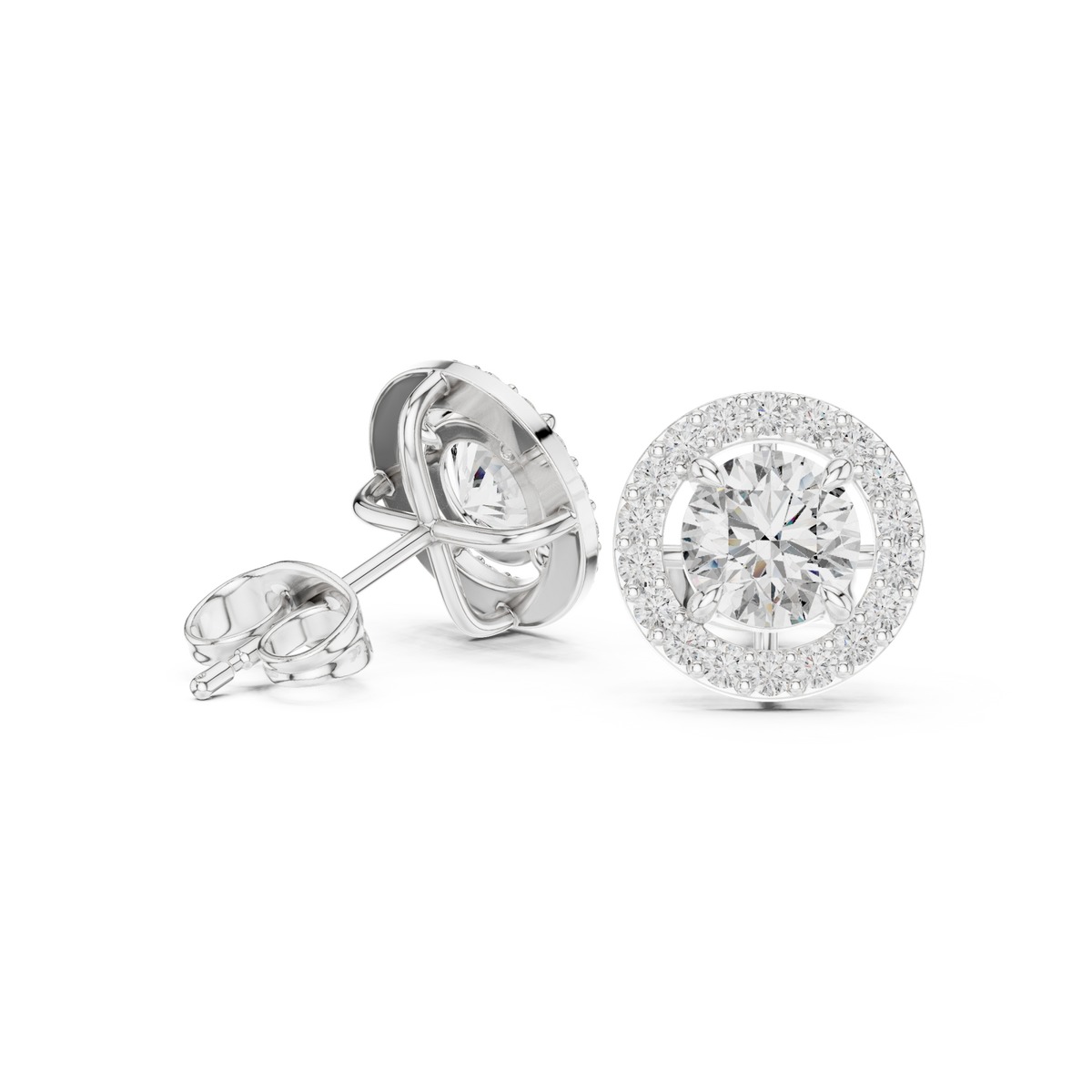 White Gold Beaded Round Halo Studs Front View