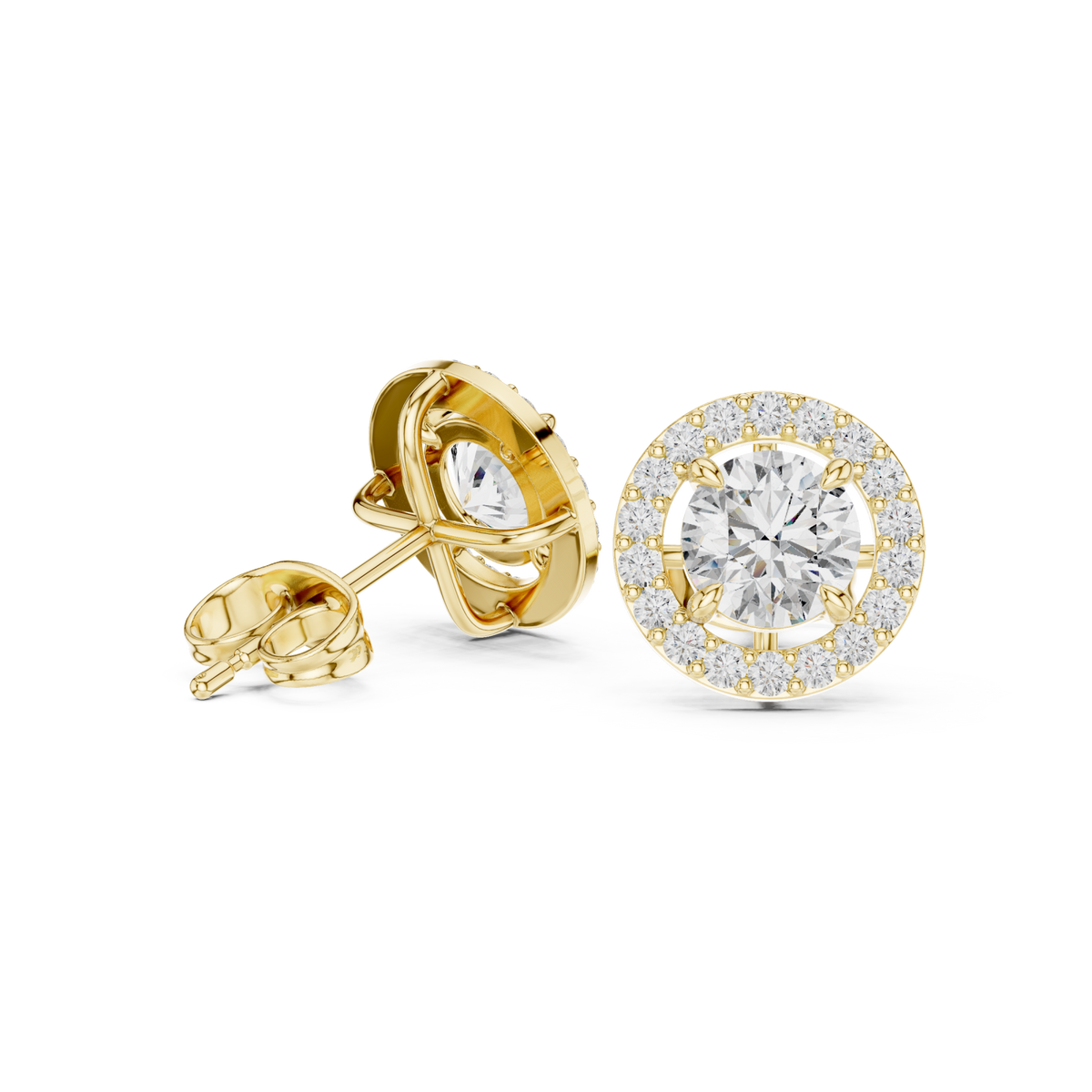 Gold Beaded Round Halo Studs Front View