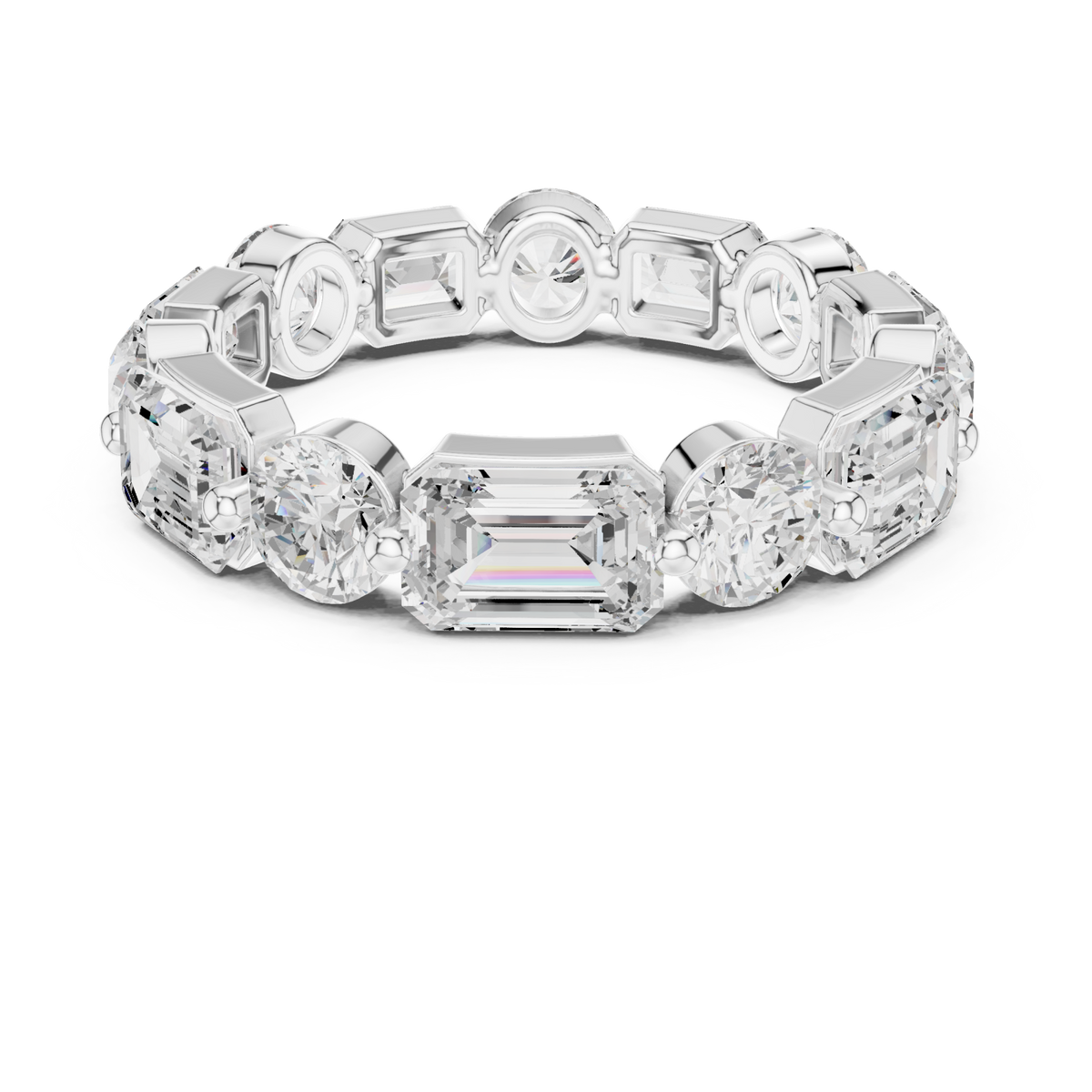 Bezel-set emerald and round full eternity band white gold detail view