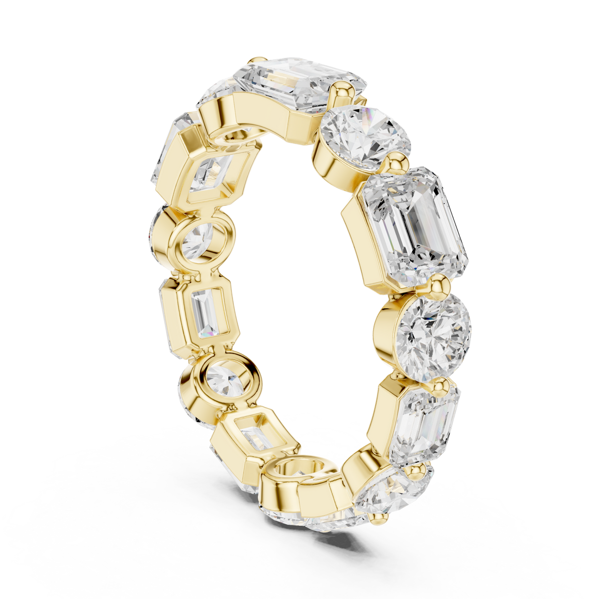 Bezel-set emerald and round full eternity band yellow gold side view