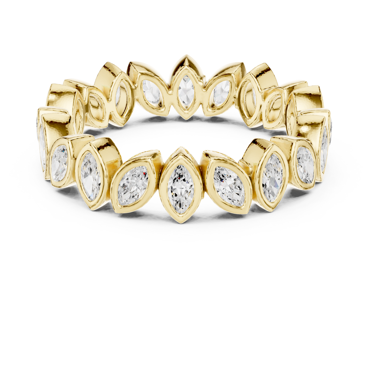 Bezel-set marquise eternity band yellow gold detail view