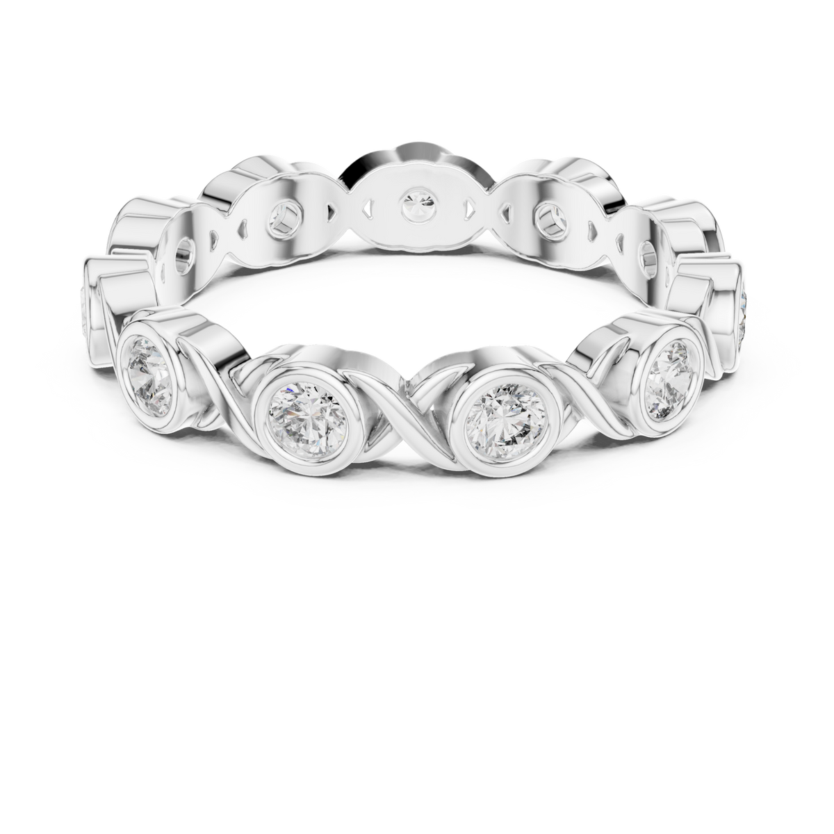 Bezel-set round infinity link eternity band white gold detail view