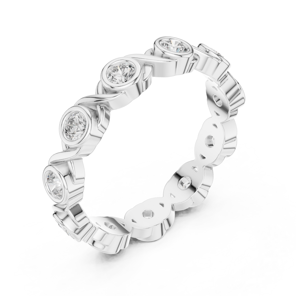 Bezel-set round infinity link eternity band white gold front view
