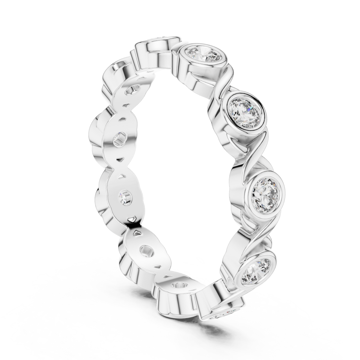 Bezel-set round infinity link eternity band white gold side view