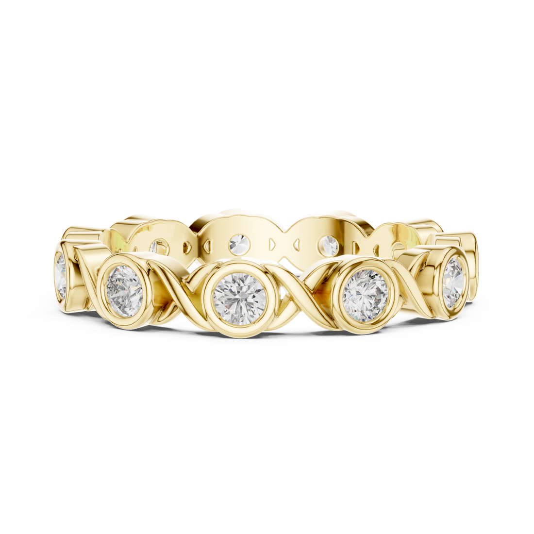 Bezel-set round infinity link eternity band yellow gold front view
