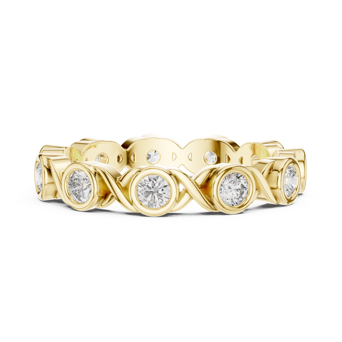 Bezel-set round infinity link eternity band yellow gold angle view