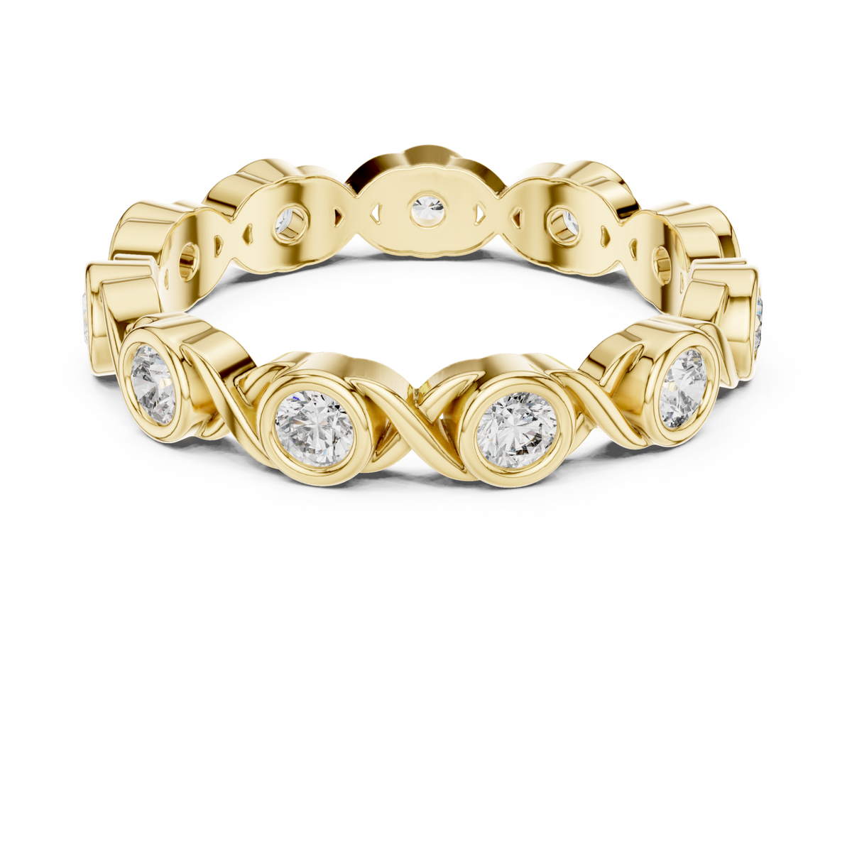 Bezel-set round infinity link eternity band yellow gold detail view