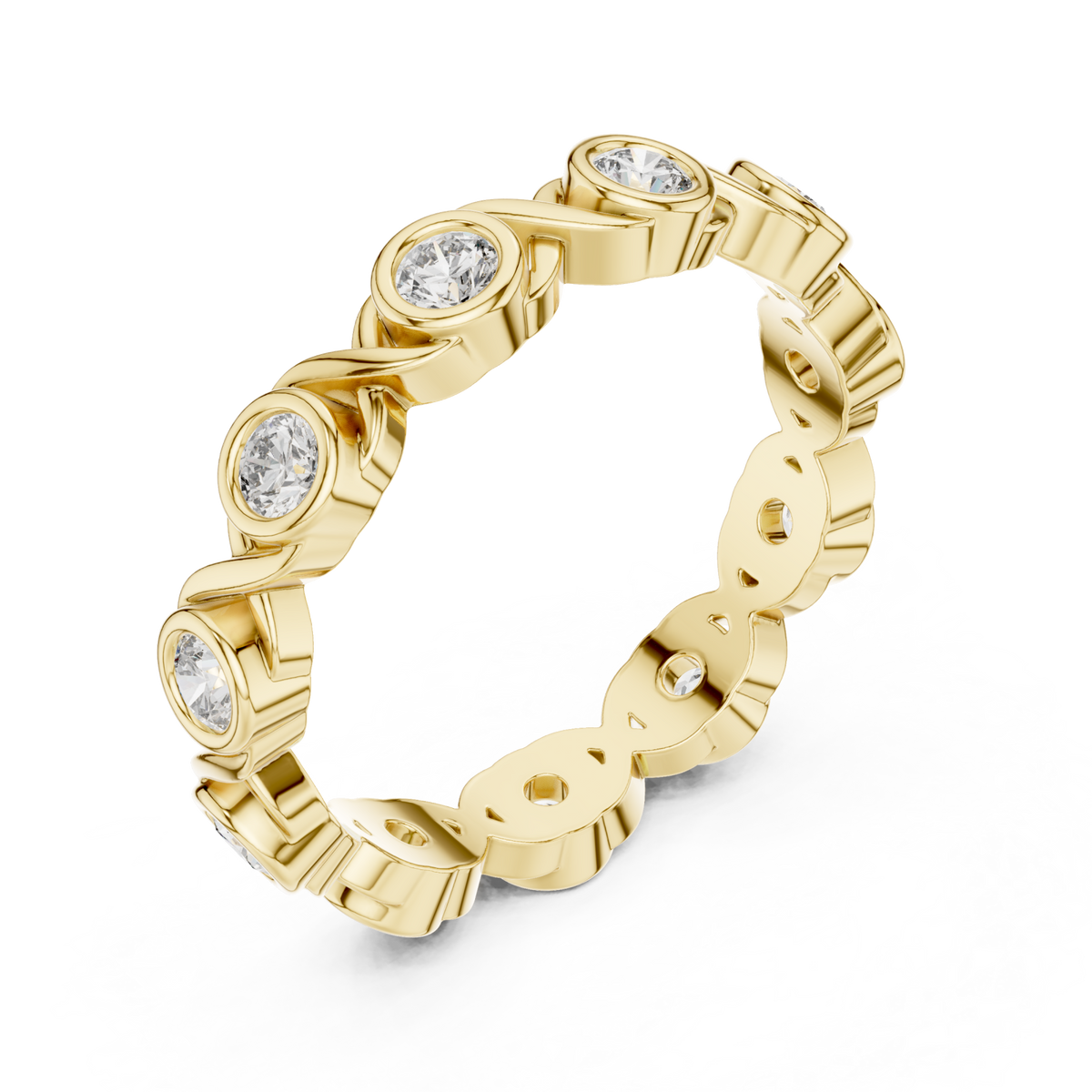Bezel-set round infinity link eternity band yellow gold front view