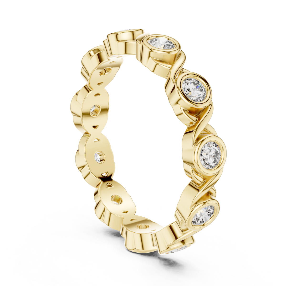 Bezel-set round infinity link eternity band yellow gold side view