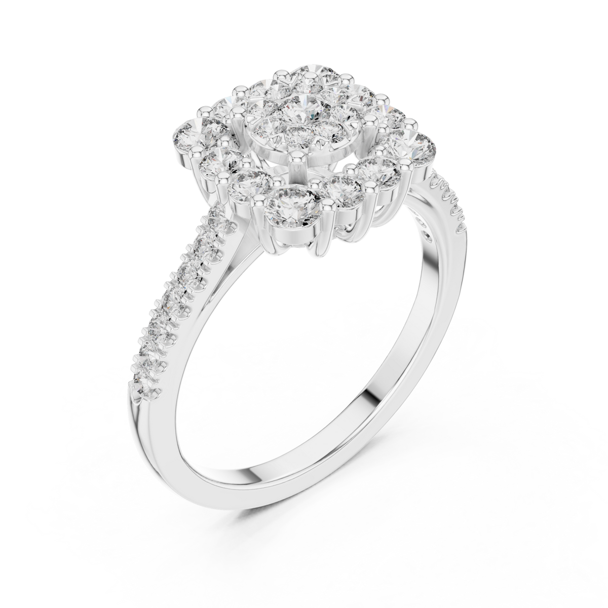 Blossom halo diamond cluster ring white gold front view