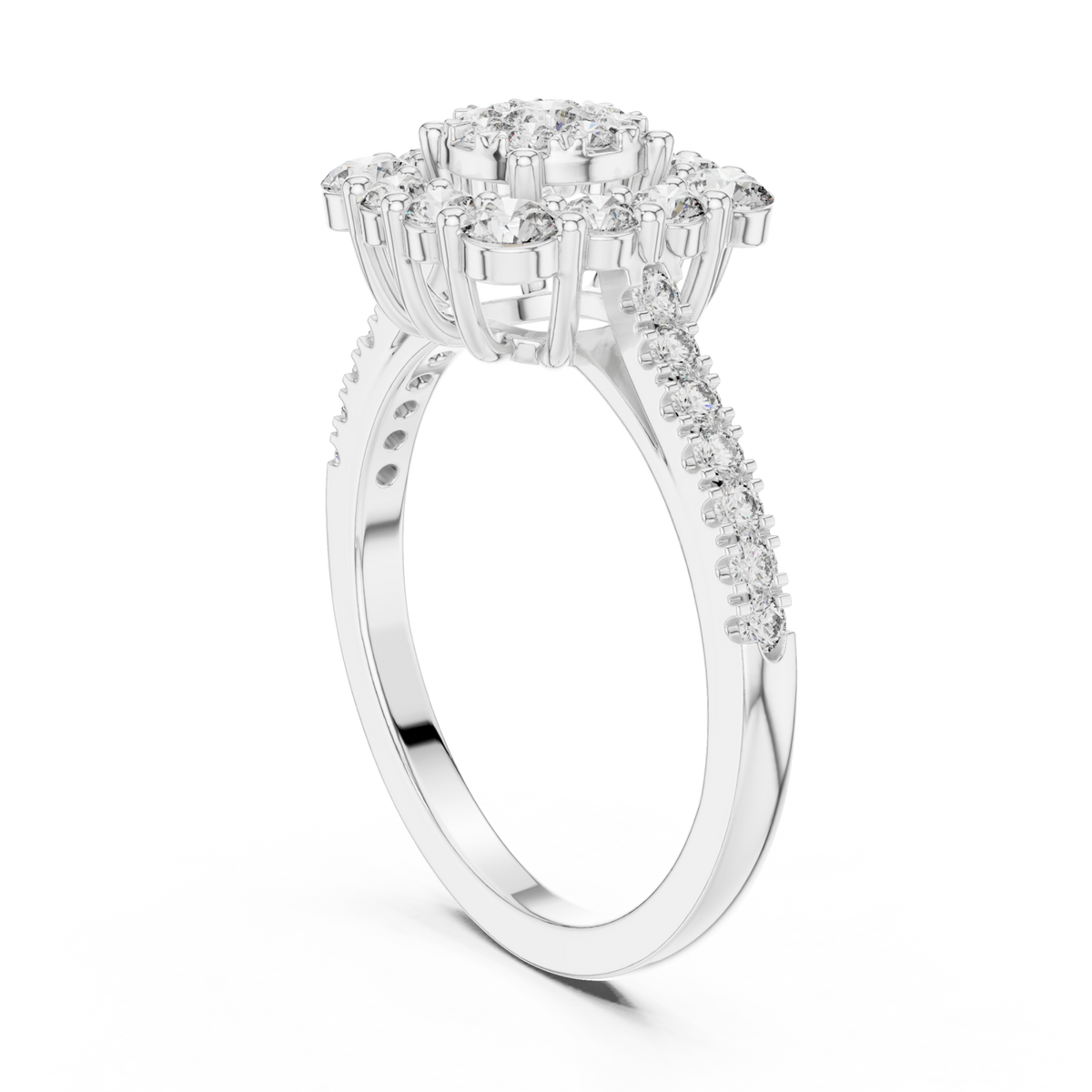 Blossom halo diamond cluster ring white gold side view