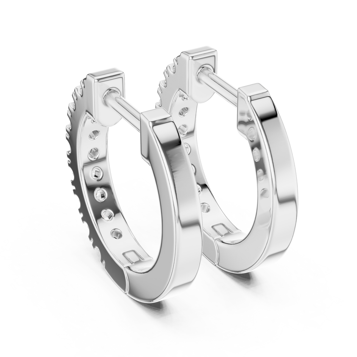  White Gold Bold Shared-Prong Diamond Huggie Hoops Angle View