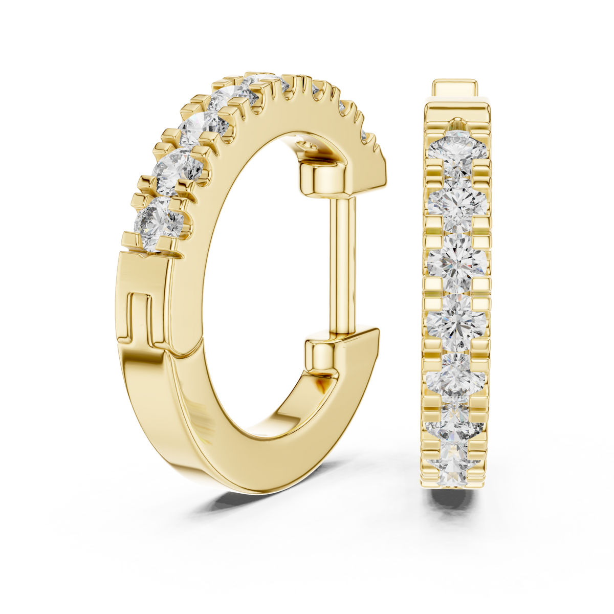  Gold Bold Shared-Prong Diamond Huggie Hoops Side View