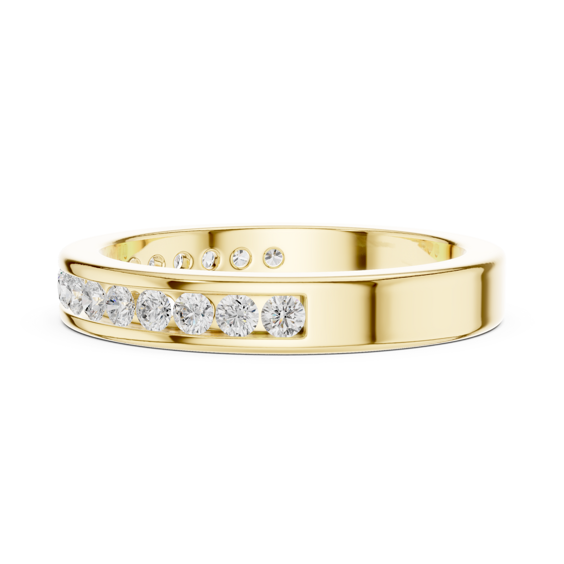 Channel-set round half eternity band yellow gold front view